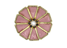 Load image into Gallery viewer, Dandelion brooch with pink enamel, pearl and gold accents.