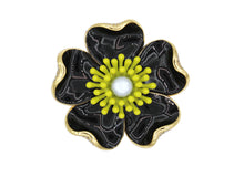 Load image into Gallery viewer, Anemone black brooch with yellow contrast center, pearl detail and gold accents. 
