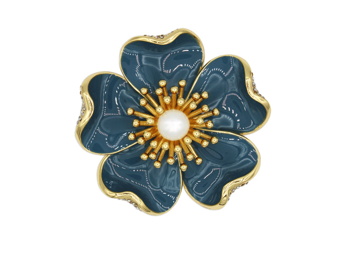Anemone blue brooch with gold accents and a pearl center.