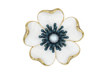 Load image into Gallery viewer, Anemone white brooch with blue contrast center, pearl detail and gold accents.
