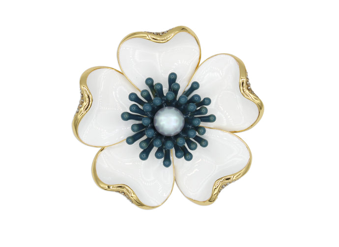 Anemone white brooch with blue contrast center, pearl detail and gold accents.
