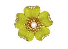 Load image into Gallery viewer, Anemone yellow brooch with gold accents and a pearl center.
