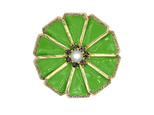 Load image into Gallery viewer, Dandelion brooch with green enamel, pearl and gold accents.
