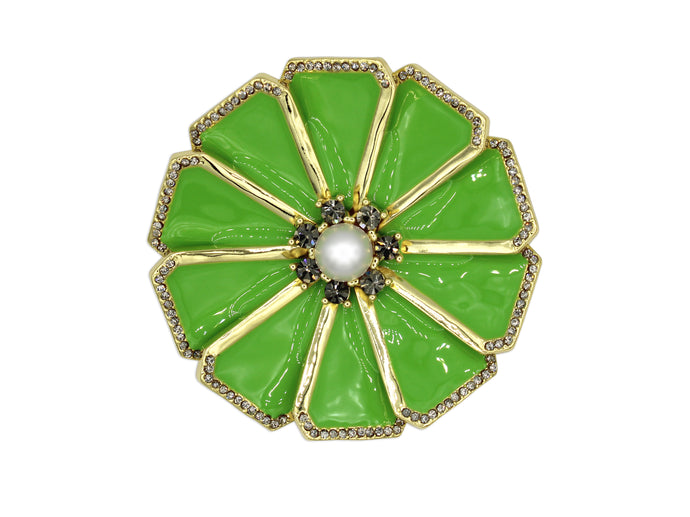 Dandelion brooch with green enamel, pearl and gold accents.