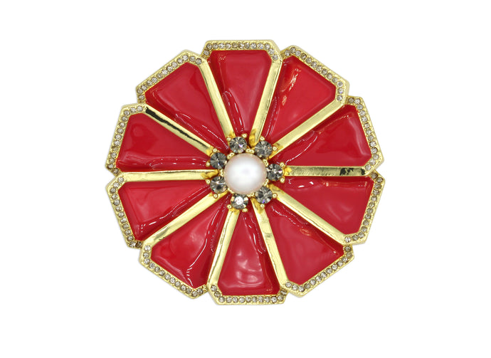 Dandelion brooch with red enamel, pearl and gold accents.